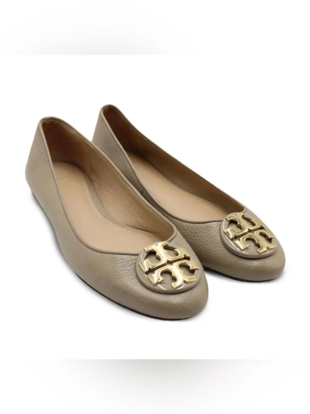 Tory Burch Reva Ballet Pebbled Leather Flats in Taupe Sz 6